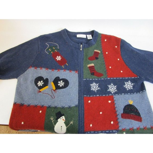Christmas Full Zip Sweater Sz Large Snowman Snowflakes Croft & Barrow Colorblock - Picture 5 of 10